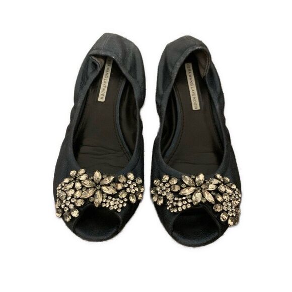 Vera Wang Navy Blue Shine Silver Rhinestone Peep Toe Ballet Flats 7.5 - Picture 1 of 8